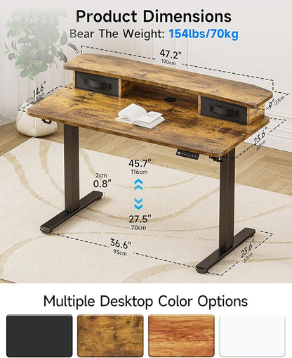 BIZUM Standing Desk with 2 Drawers Computer Desk-Stand up Desk Home Office Gaming Memory Desks C-Clamp Mount Compatible, 48x24 Inch Rustic Brown