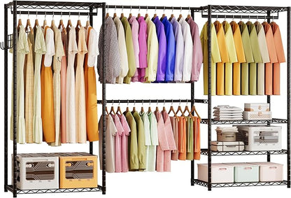 ecobedding Heavy Duty Garment Rack, 1000LBS Max Load Freestanding Closet Organizer with 6 Storage Shelves & 3 Adjustable Hanging Rods, Multifunctional, Glossy Black, 15.75" D x 70-88.5" W x 76.5" H