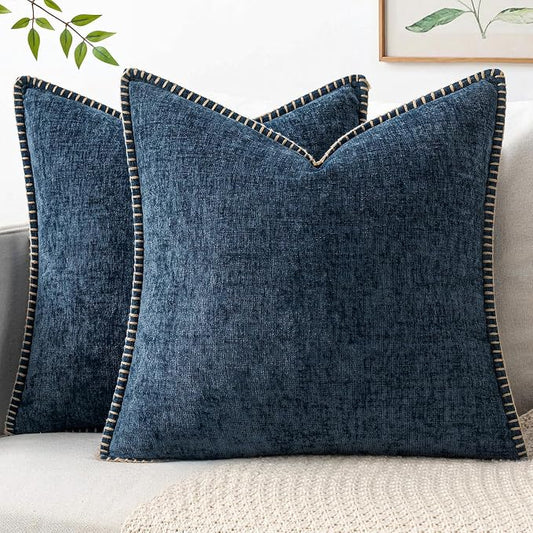 MIULEE Pack of 2 Couch Throw Pillow Covers 18x18 Inch Dark Blue Farmhouse Decorative Pillow Covers with Stitched Edge Soft Chenille Solid Dyed Pillow Covers for Sofa Bed Living Room