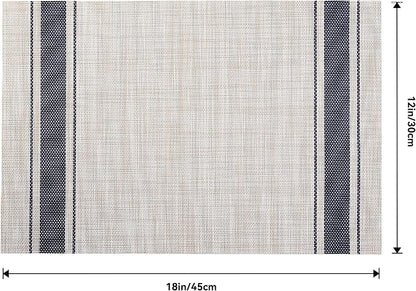 Leetaltree Khaki-Blue Placemats, Heat Resistant Non-Slip Place mats for Dining Table, Washable Durable PVC Vinyl Woven Table Mats (Set of 8)
