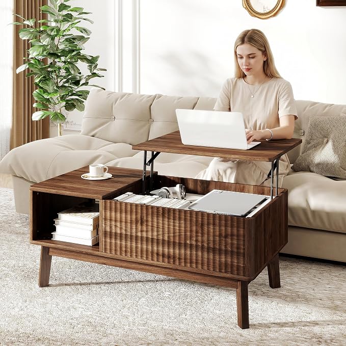 Fluted Lift Top Coffee Table with Storage Shelf and Hidden Compartment, Mid Century Modern Wooden Center Table for Living Room, Home Office, Walnut