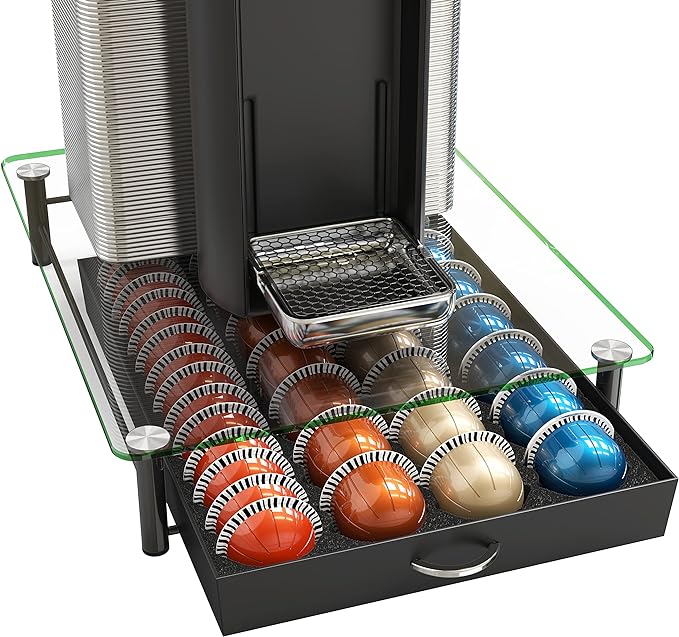 DecoBrothers Crystal Tempered Glass Vertuo Pod Holder Drawer, 28 Large or 56 Small Nespresso Capsule Organizer, Black