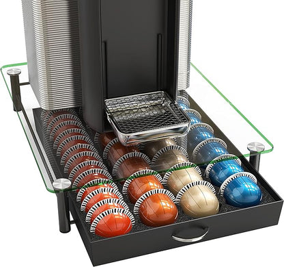DecoBrothers Crystal Tempered Glass Vertuo Pod Holder Drawer, 28 Large or 56 Small Nespresso Capsule Organizer, Black