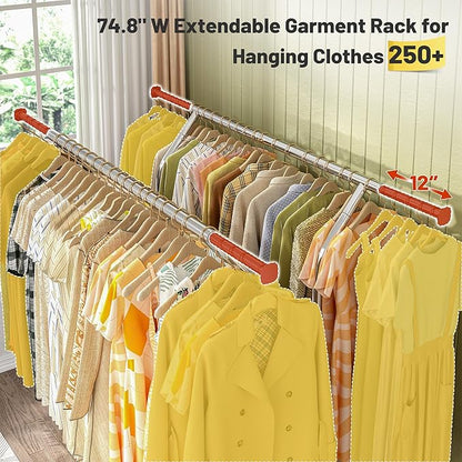 Raybee Heavy Duty Clothes Rack Load 630 LBS, Double Rods Rolling Clothing Rack with 360° Lockable Wheels, Easy Assembly, Portable Adjustable Garment Rack with Shelves for Home & Commercial, Chrome