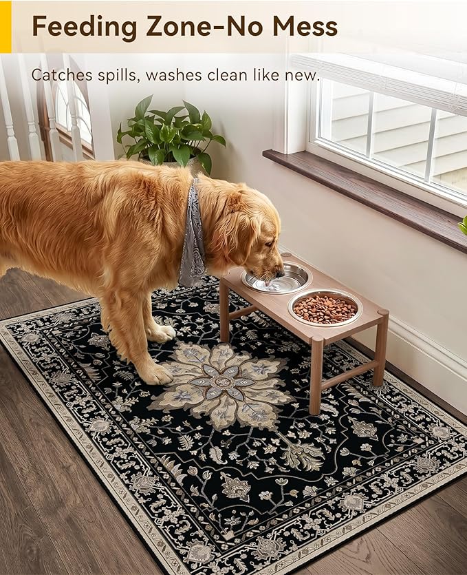 RELEANY Area Rugs Small 2'x3' Washable Non-Slip, Floral Vintage Distress Medallion Carpet for Kitchen Entryway Bathroom, Black Brown Neutral Dark Tan