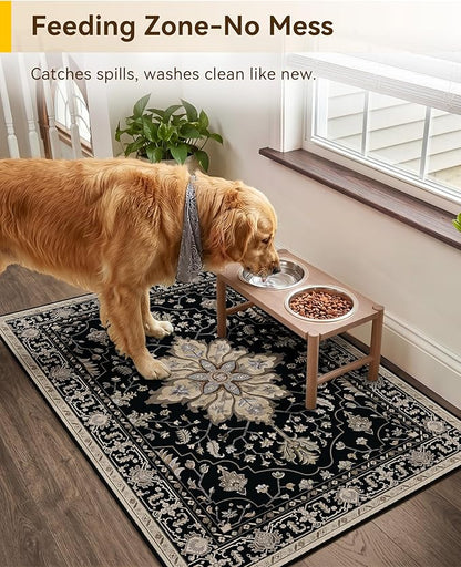 RELEANY Area Rugs Small 2'x3' Washable Non-Slip, Floral Vintage Distress Medallion Carpet for Kitchen Entryway Bathroom, Black Brown Neutral Dark Tan