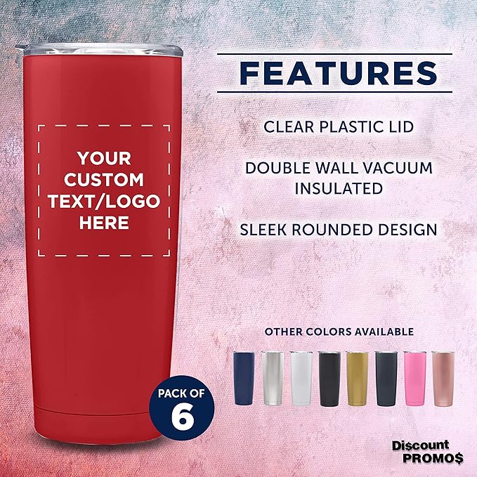 Custom Pipette Stainless Steel Coffee Tumblers 20 oz. Set of 6, Personalized Bulk Pack - Double Wall, Perfect for Coffee, Hot Cocoa, Other Hot & Cold Beverages - Red
