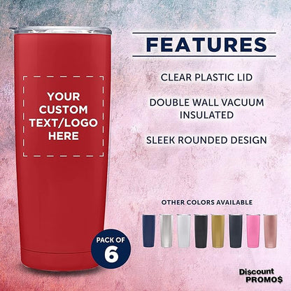Custom Pipette Stainless Steel Coffee Tumblers 20 oz. Set of 6, Personalized Bulk Pack - Double Wall, Perfect for Coffee, Hot Cocoa, Other Hot & Cold Beverages - Red