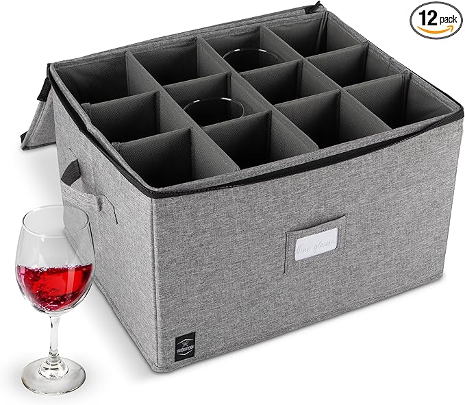 General Use Wine Glass Storage, Holds 12 Stemware Glasses, Stackable, Fully-Padded Inside with Hard Top and Sides (Grey)