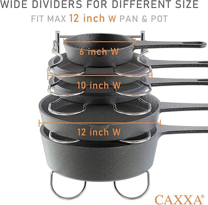 CAXXA Heavy Duty Pan Rack, Pot Lid Rack, Kitchen Cabinet Pantry Cookware Organizer Rack Holder with 5 Adjustable Dividers, Chrome (Pack of 2)