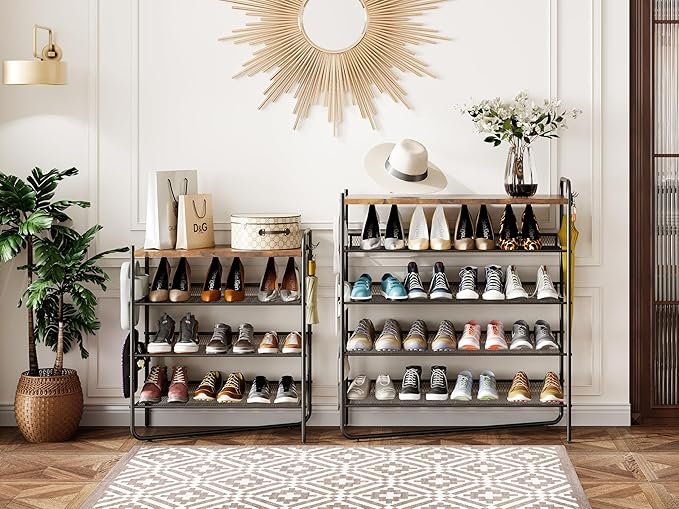 4 Tier Shoe Rack for Entryway, Metal Shoe Rack Organizer Holds 15 Pairs Shoes, Front Door Shoe Storage with Rustic Brown Wooden Top, Vertical shoe rack for Space Saving Shoe Organizer (4-Tiers)