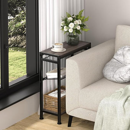 Small Side Table Set of 2 - 3-Tier Narrow End Table with Magazine Holder, Skinny Snack Couch Table for Living Room, Bedroom, Study and Balcony (Ash Brown)