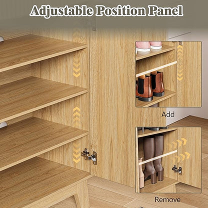 Shoe Cabinet Storage for Entryway, 4 Tier Fluted Shoe Storage Cabinet with 2 Drawers, Narrow Hidden Shoe Organizer with Adjustable Shelves, Freestanding Shoe Rack for Entryway, Hallway, Oak