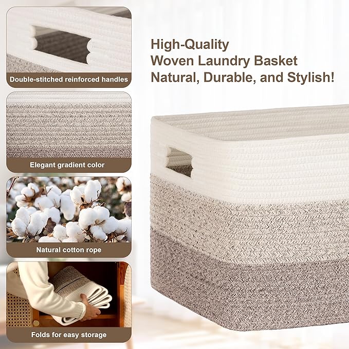 86L Extra Large Laundry Basket with Leather Handles for Living Room Storage,Woven Rope Baskets for Blanket,Kids Toy,Gifts,Wicker Hamper for Bedroom Dirty Clothes,24"x16"x14"Gradient Brown