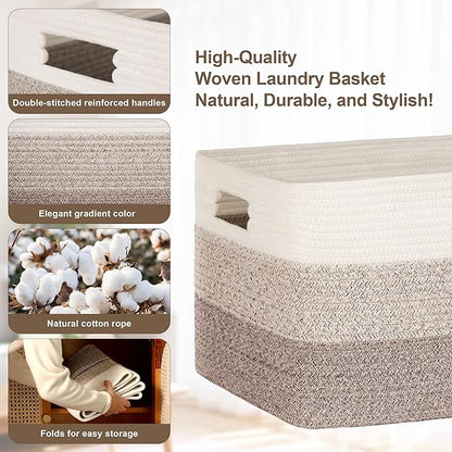 45L Small Laundry Basket with Leather Handles for Living Room Storage, Woven Rope Baskets Bin for Blanket, Kids Toy, Gifts, Wicker Hamper for Bedroom Dirty Clothes, 18"x14"x11" Gradient Brown