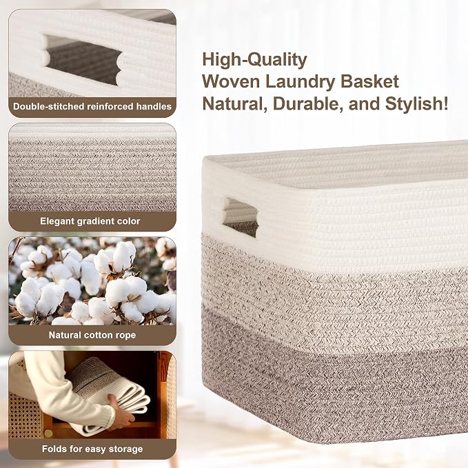 72L Large Laundry Basket with Leather Handles for Living Room Storage, Woven Rope Baskets Bin for Blanket, Kids Toy, Gifts, Wicker Hamper for Bedroom Dirty Clothes, 22"x17"x12" Gradient Brown