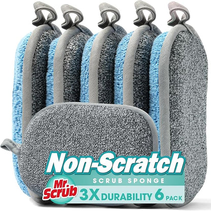 Sponges Kitchen Dish Sponge for Washing Dishes Cleaning Kitchen, All-Purpose, 6 Pack, Non Scratch, Rough Scrubbers Side for Non-Stick Cookware, Soft Microfiber Scrub Side for Dishes, Mr. Scrub