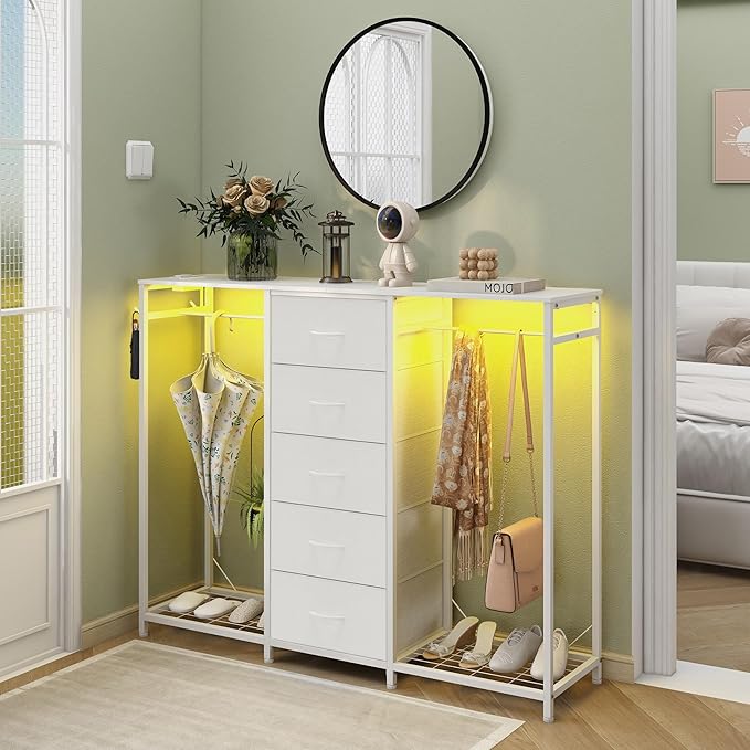 Dresser for Bedroom with Clothes Rack 5 Drawer Dresser with Charging Station LED Lights White Chest of Drawers Flexible Shelf and Open Storage Space for Bedroom Living Room (White)