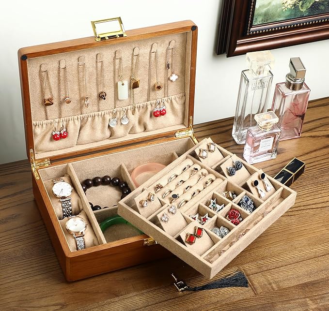 Solid Walnut Wood Jewelry Box with Lock, 2-Layer Vintage Jewelry Organizer for Men Women, Velvet-Lined Storage Chest with Key Lock (Khaki)