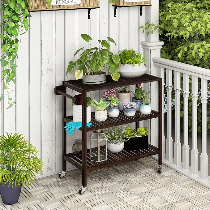 Interbuild 3 Tier Acacia Hardwood Kitchen Cart, Portable Rolling Trolley Cart Kitchen Storage Utility Cart with Towel Rack (Espresso)