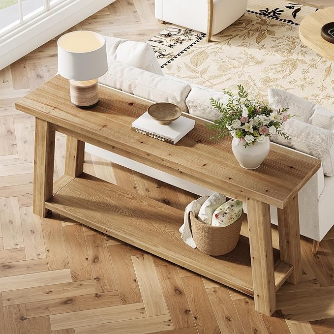 LITTLE TREE 70.9" Solid Wood Console Table for Entryway, 2-Tier Sofa Table Behind Couch, Farmhouse Entryway Table for Living Room, Bedroom, Foyer