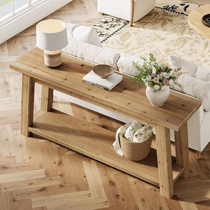 LITTLE TREE 70.9" Solid Wood Console Table for Entryway, 2-Tier Sofa Table Behind Couch, Farmhouse Entryway Table for Living Room, Bedroom, Foyer