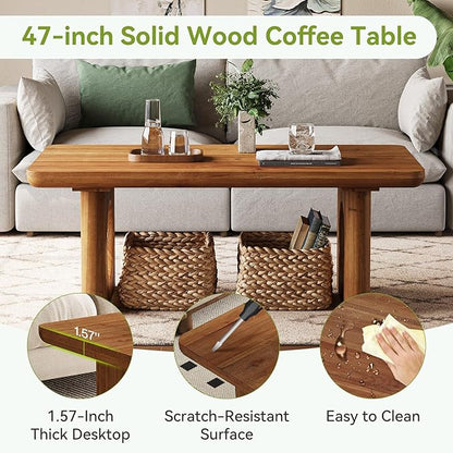LITTLE TREE Solid Wood Coffee Table, Modern Farmhouse Coffee Table with Thick Tabletop, Rectangle Center Table for Living Room, Home Office, Bedroom, Brown