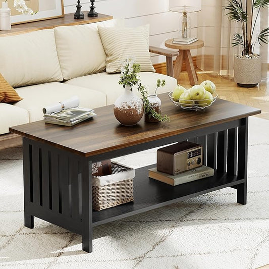 YOSHOOT 39.4" Farmhouse Coffee Table, Small Coffee Tables for Living Room | Black, 2 Tier Coffee Table with Storage, Tea Table for Living Room Bedroom Small Space
