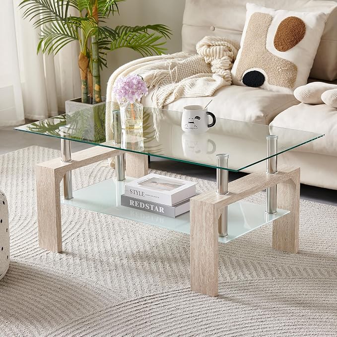 Living Room Rectangle Coffee Table, Tea Table Suitable for Waiting Room, Modern Side Coffee Table with Wooden Leg, Glass Tabletop with Lower Shelf (Yellow Travertine)
