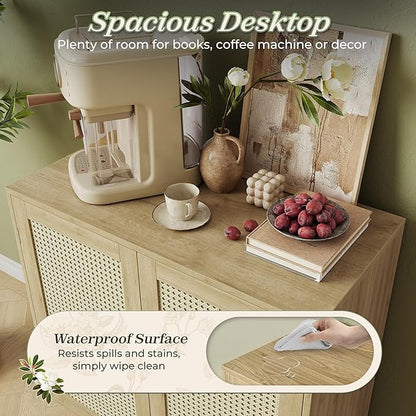 Huuger Buffet Cabinet with Storage, Storage Cabinet with PE Rattan Decor Doors, Accent Sideboard Buffet with Solid Wood Feet, for Hallway, Entry, Living Room, Natural