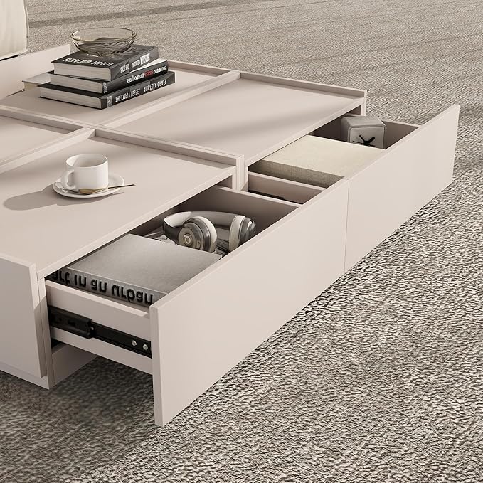 Coffee Table with Storage,Modern Center Table with 4 Hidden Drawers for Living Room,Rectangle Coffee Table for Home Furniture,Bedroom,Beige Gray