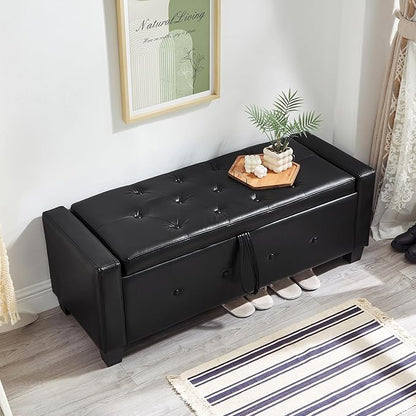Furniliving Storage Bench, 48‘’ Upholstered PU Leather Ottoman Bench with Button-Tufted, Folding Bedroom Bench with Wood Legs, Entryway Bench for Bedroom, Black
