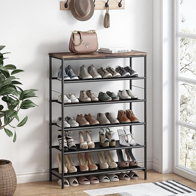 Shoe Rack Organizer 6 Tier Metal Organizer Shelf with Industrial MDF Board and Layer Fabric for Entryway Closet Bedroom Living Room Garage,Black & Rustic Brown (Black+Rustic Brown, 6 Tier)