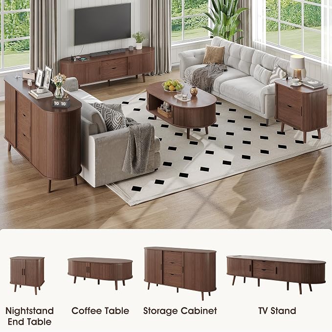 Alohappy 42.5"W Oval Coffee Table, Mid Century Modern Coffee Table with Sliding Tambour Door, Fluted Center Table with Hidden Storage, Curved Profile Dining Table for Living Room, Home Office, Walnut