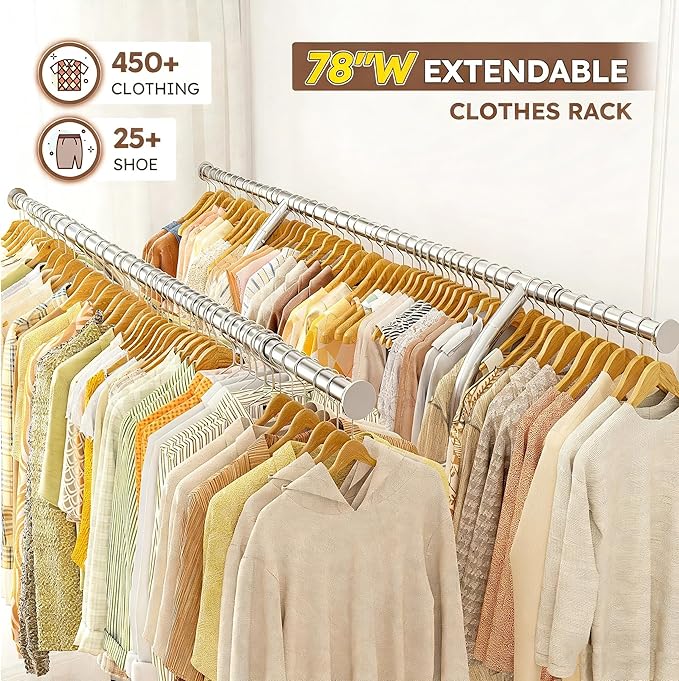 Raybee 78" W Heavy Duty Clothes Rack Loads 630 LBS, Double Rods Clothing Racks for Hanging 450+ Clothes, Clothing Rack with Wheels, Portable Commercial Garment Rack, Chrome