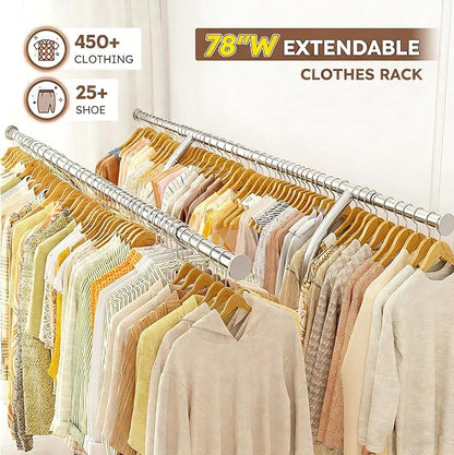 Raybee 78" W Heavy Duty Clothes Rack Loads 630 LBS, Double Rods Clothing Racks for Hanging 450+ Clothes, Clothing Rack with Wheels, Portable Commercial Garment Rack, Chrome