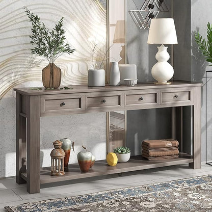 LKTART Solid Wood Console Table,Long Sofa Table Entryway Table with 4 Drawers and Bottom Shelf for Hallway Living Room Couch Table,Easy Assembled (63" Gray Wash)