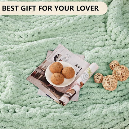 L'AGRATY Chunky Knit Blanket Throw: 50''x60'' Chenille Chunky Knitted Throw Blankets for Bed Couch - Handmade Thick Big Cable Knit Blanket - Large Crochet Rope Blankets for Home Decor(Milky Green)