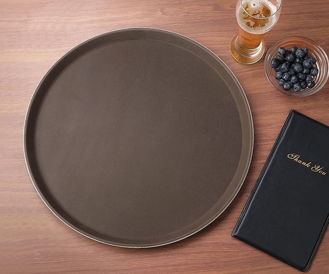 New Star Foodservice Non-Slip Tray, Plastic, Rubber Lined, Round (Brown, 16-Inch)