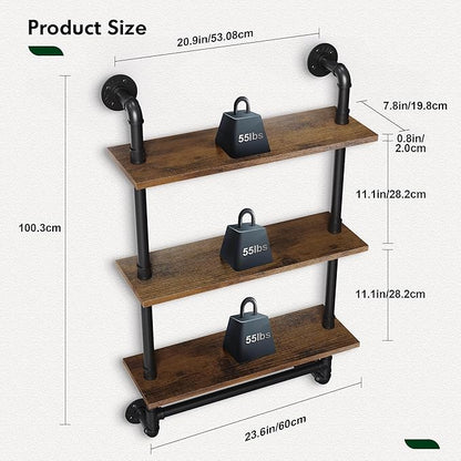 Merapi 24" Industrial Floating Shelves with Tower Bar, Pipe Shelves for Wall, 3 Tier Rustic Wood Wall Shelves for Home Décor, Bedroom, Living Room, Bathroom