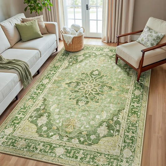 RELEANY Area Rugs 5'x8' Washable Non-Slip, Floral Vintage Distress Medallion Carpet for Living Room Bedroom Dining Room, Sage Green Yellow