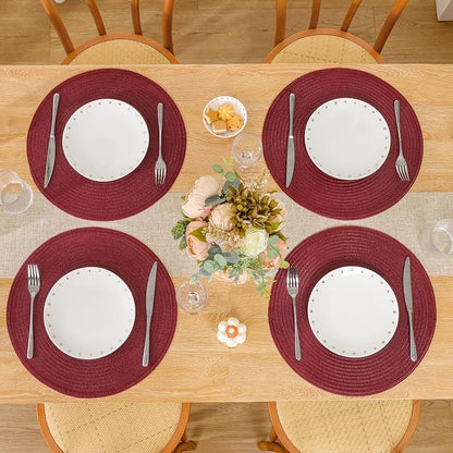 SHACOS Round Placemats Set of 12 for Dining Table 15 inch Round Braided Place Mats Cotton Polyester Washable Non Slip Kitchen Table Mats, Burgundy