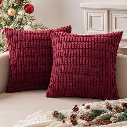 MIULEE Pack of 2 Burgundy Corduroy Decorative Pillow Covers 20x20 Inch Soft Boho Striped Throw Pillow Covers Modern Farmhouse Home Decor for Sofa Living Room Couch Bed