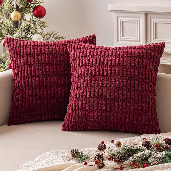 MIULEE Pack of 2 Burgundy Corduroy Decorative Pillow Covers 16x16 Inch Soft Boho Striped Throw Pillow Covers Modern Farmhouse Home Decor for Sofa Living Room Couch Bed