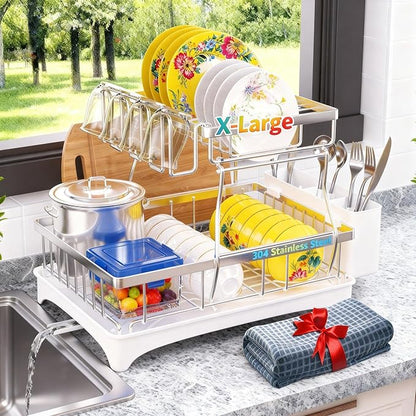 Godboat Dish Drying Rack, 2-Tier Dish Rack with Auto-Drain & Mat, 304 Stainless Steel Dish Racks for Kitchen Counter, Dish Drainer with Knife, Fork & Cup Rack, Gifts for Women, Mothers Day, Silver