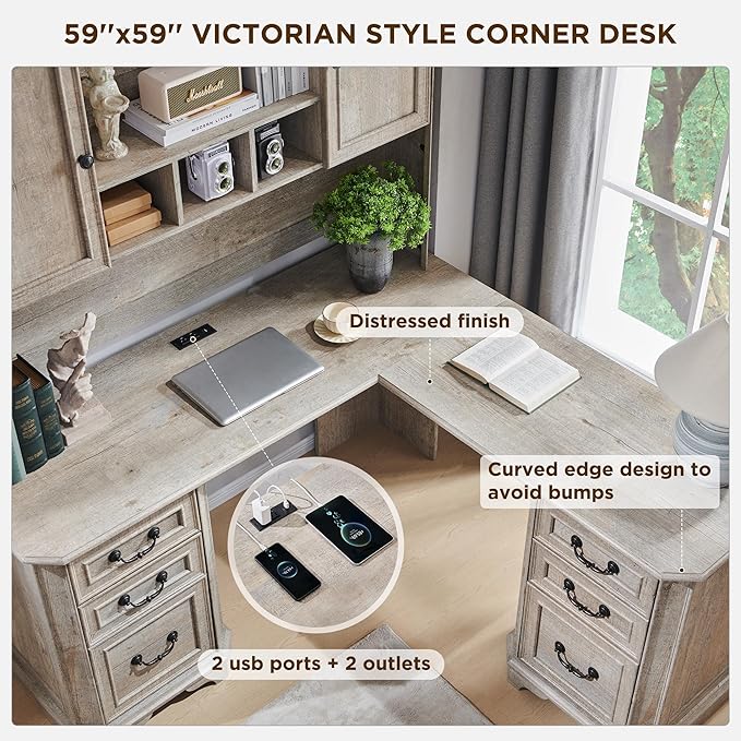 T4TREAM 59" Executive L Shaped Desk with Hutch,Victorian Wood Computer Desk, Featuring Charging Station,File Drawer, Storage Cabinet,for Home Office Work and Study (Light Rustic Oak)