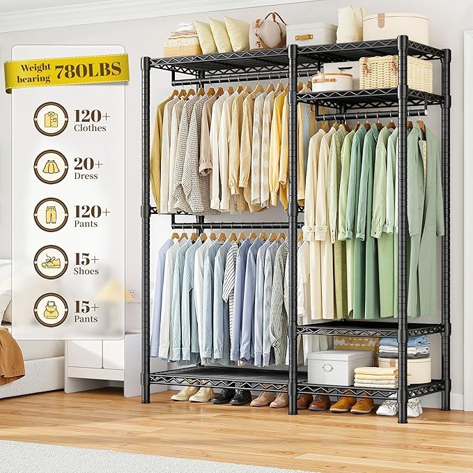 Raybee Portable Closet 780LBS, Heavy Duty Clothes Rack, Freestanding Clothing Rack with 3 Hanging Rods & 6 Shelves, Adjustable Wardrobe Closet Organizer System, Black
