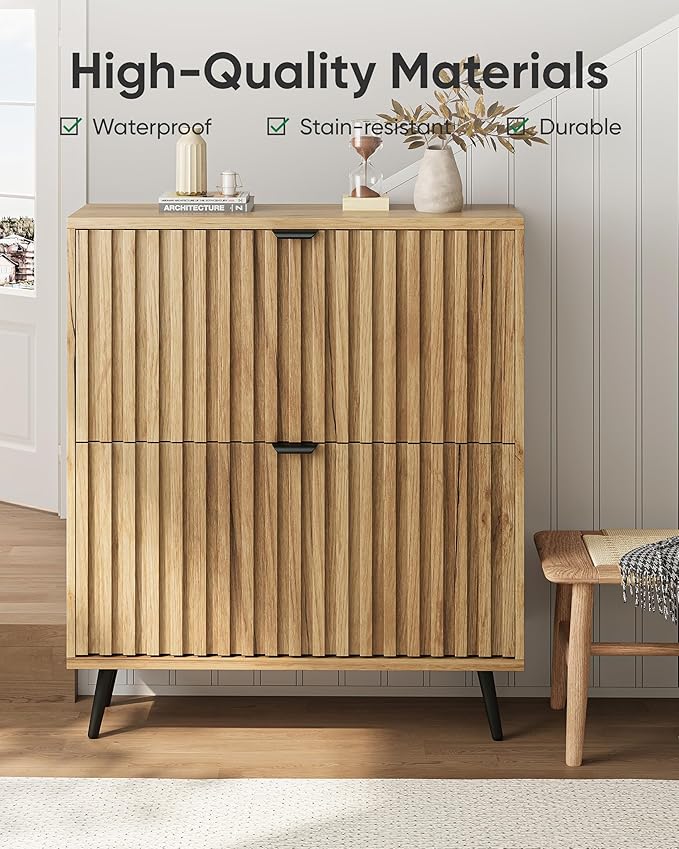 Shoe Storage Cabinet, Fluted Shoe Cabinet Storage for Entryway, Hidden Shoe Cabinet with Metal Legs,Shoe Organizer Cabinet with Flip Doors, Slim Entryway Shoe Storage Cabinet, Natural Wood-31.5in