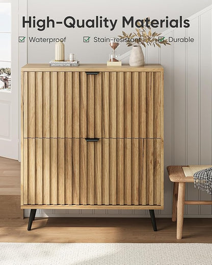 Shoe Storage Cabinet, Fluted Shoe Cabinet Storage for Entryway, Hidden Shoe Cabinet with Metal Legs,Shoe Organizer Cabinet with Flip Doors, Slim Entryway Shoe Storage Cabinet, Natural Wood-31.5in