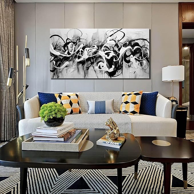 Abstract Canvas Wall Art for Living Room Bedroom Office Black and White Wall Art Abstract Line Picture Framed Wall Decor Modern Canvas Prints 29x59 In